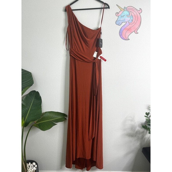 Mac Duggal 26581 Brick Jersey One Shoulder Belted Trumpet Gown Size 8 MSRP $298 - Picture 3 of 12